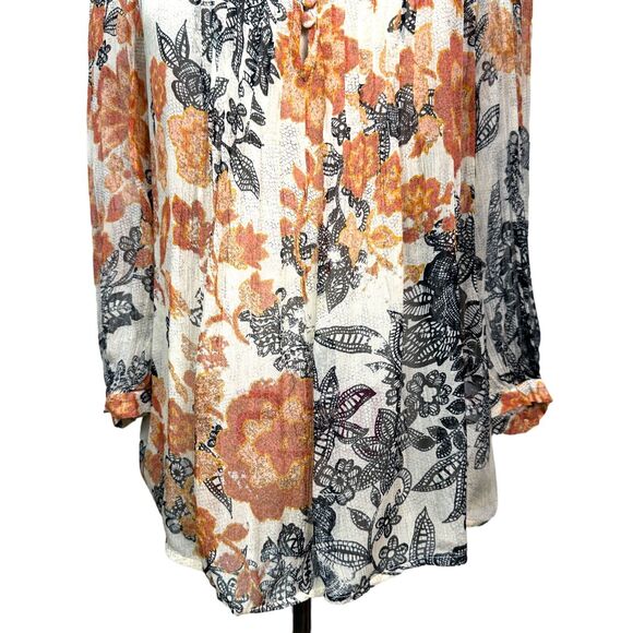 Lucky Brand Blouse Womens Size XS Floral Print Sheer Pleated Boho Lightweight - Picture 5 of 13